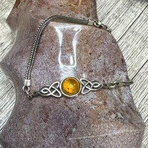 Amber Bracelet - Celtic Knot Accents - Adjustable Silver Chain - Genuine Crystal